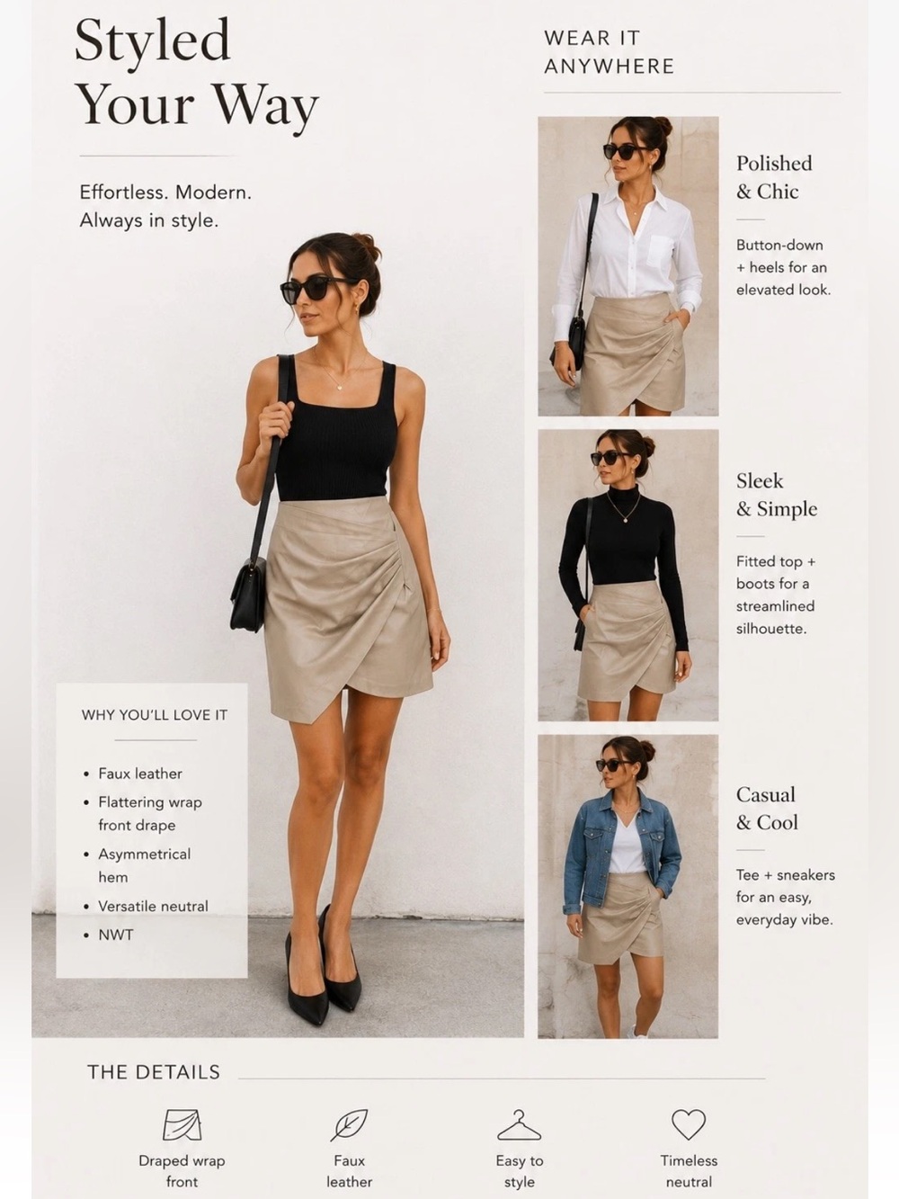 Mango Asymmetrical Faux Leather Wrap Skirt in Beige